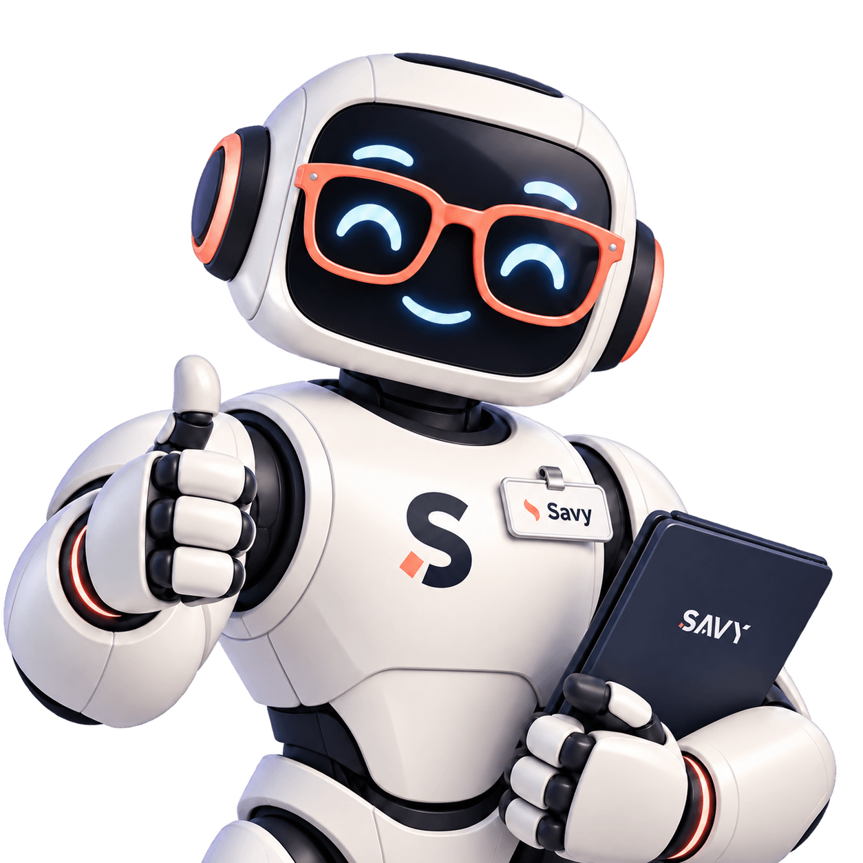 Savy, our smiling robot mascot, giving a thumbs-up and holding a clipboard